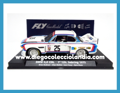 BMW 3.5 CSL #25 " 1º 12H. SEBRING 1975 " DE FLY CAR MODEL REF/ 99011 .COCHE CON LUCES. TODOS LOS COCHES DE SLOT DE LA WEB SON, COMPATIBLES CON CIRCUITOS SCALEXTRIC, SUPERSLOT, NINCO Y CARRERA..........  www.diegocolecciolandia.com . Tienda scalextric Slot Madrid España. Slot Cars Shop Spain 